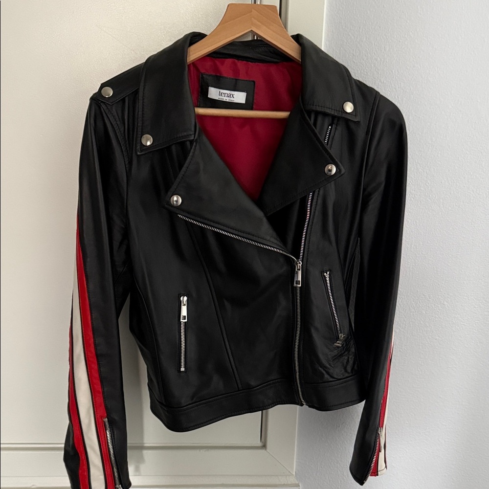 Women's Black Leather Jacket with Red and White Stripes